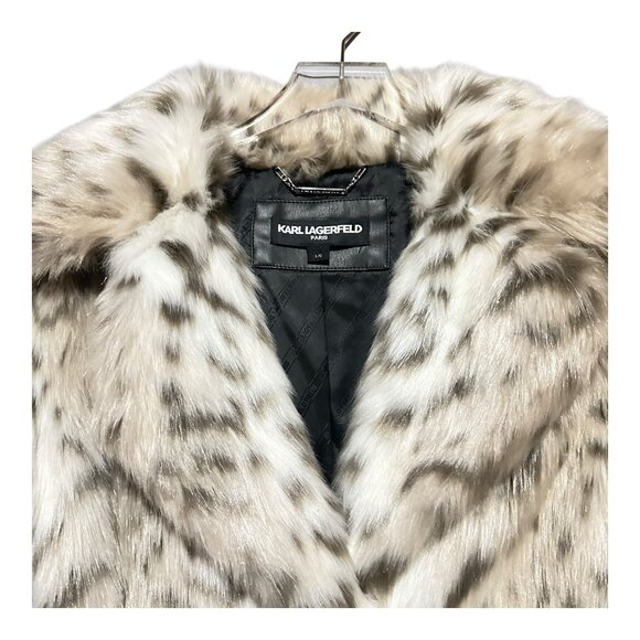 Karl Lagerfeld Paris Snow Leopard Faux Fur Coat Size Large Runs small Medium Fit - Picture 5 of 13